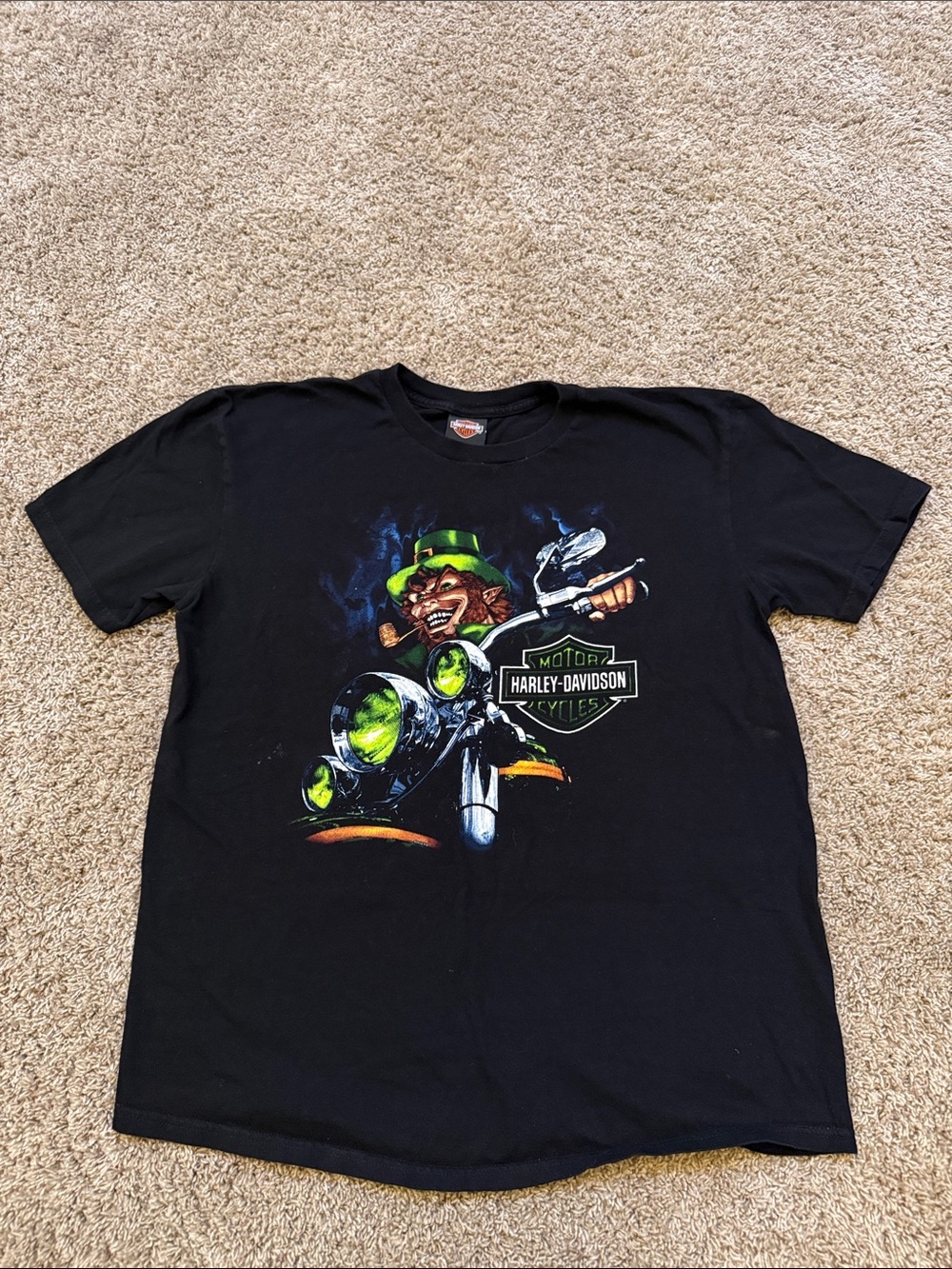 Harley-Davidson XL Black Tee with St Patrick’s Day Leprechaun Motorcycle Graphic